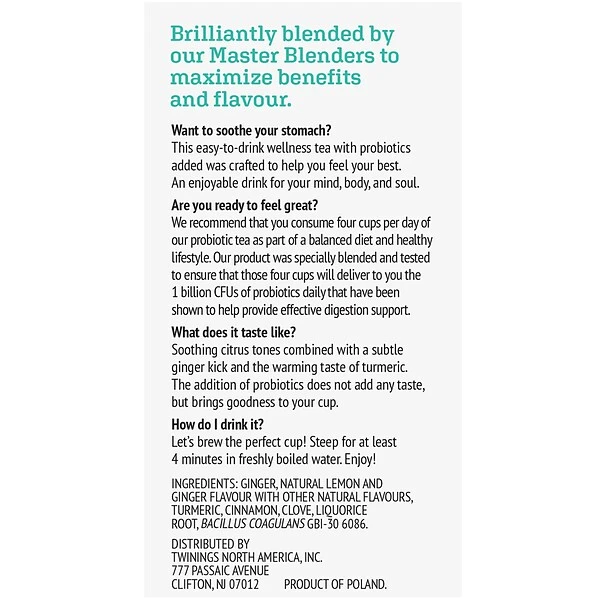 Twinings Probiotics Lemon And Ginger Herbal Tea Bags, 18/Pack (F16483) 3 Twinings Probiotics Lemon And Ginger Herbal Tea Bags, 18/Pack (F16483) - Image 3