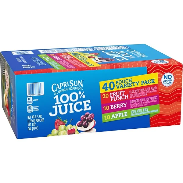 Capri Sun® 100% Juice, 6 Fl. Oz. Pouches, Variety Pack, 40/Box (00441) 2 Capri Sun® 100% Juice, 6 Fl. Oz. Pouches, Variety Pack, 40/Box (00441) - Image 2