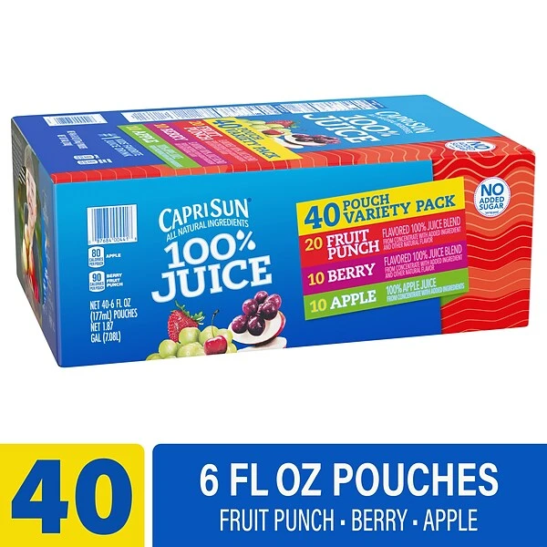 Capri Sun® 100% Juice, 6 Fl. Oz. Pouches, Variety Pack, 40/Box (00441) 1 Capri Sun® 100% Juice, 6 Fl. Oz. Pouches, Variety Pack, 40/Box (00441)
