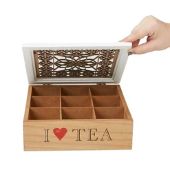 Mind Reader Tea Box Storage Holder With Wood Floral Pattern, Brown (TEABOX-BRN)