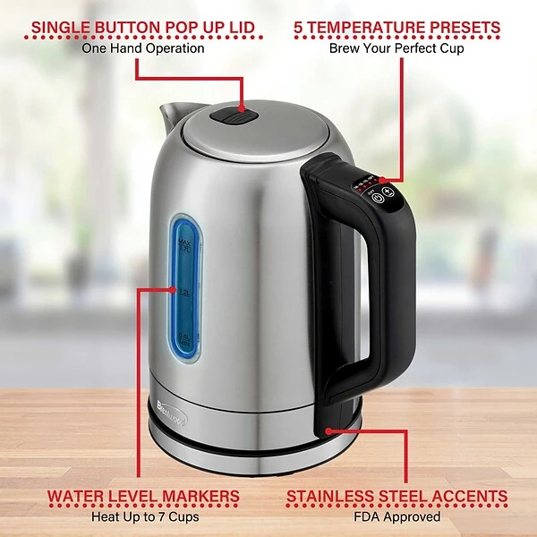 Brentwood Cordless Digital Stainless Steel Kettle With 5 Temperature Presets & Swivel Base, 1.79-Qt., (KT-1796DS) 3 Brentwood Cordless Digital Stainless Steel Kettle With 5 Temperature Presets & Swivel Base, 1.79-Qt., (KT-1796DS) - Image 3