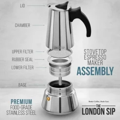 THE LONDON SIP 3-Cups Induction Stovetop Espresso Maker, Silver (EM3S) -Bigelowining Shop sp187221393 s7